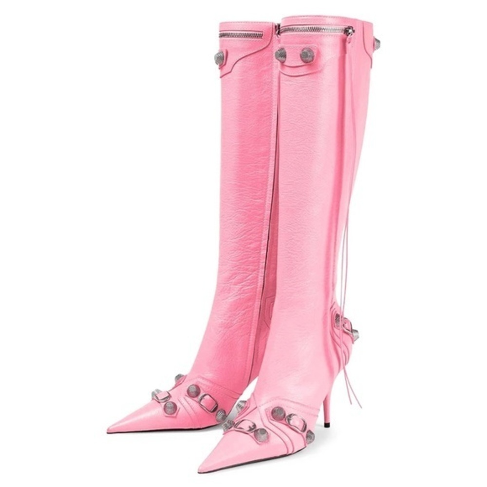 Pink Stiletto High Heel Knee High with Tassel Pointy Toe Studded Zipper Boots -6